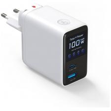 Incarcator retea 4smarts GaN Flex Screen AI, 100W, 5A, 1x USB-C, 1x USB-A, 1x Cablu USB-C integrat, Adaptoare priza incluse, Alb