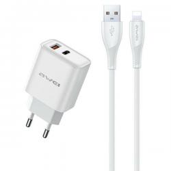 Incarcator retea AWEI PD81L-EU, 22.5W, 2.4A, 1x USB-C, 1x USB-A, 1x Cablu USB-A/USB-C 1m, Alb