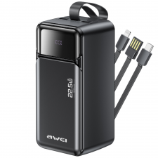 Baterie externa portabila Awei PA-107, 50000 mAh, 22.5W, 3A, 2x USB-C, 2x USB-A, 1x Cablu USB-C, 1x Cablu USB-A, 1x Cablu Lightning, Display LED, Negru