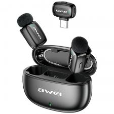 Set 3 microfoane tip lavaliera AWEI MK5 Duo, Omnidirectional, Receptor cu USB-C, Autonomie 5h, Wireless, Negru