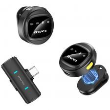 Set 3 microfoane tip lavaliera AWEI MK3 Duo, Omnidirectional, Receptor cu USB-C, Autonomie 5h, Wireless, Negru