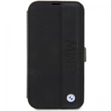 Husa flip cover din piele BMW Textured & Stripe compatibila cu iPhone 14 Pro, Negru