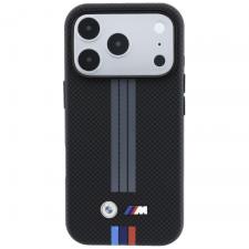 Husa BMW M Quadrille Kevlar Anthracite Tricolor Print Lines cu MagSafe compatibila cu iPhone 18 Pro / 17 Pro, Negru