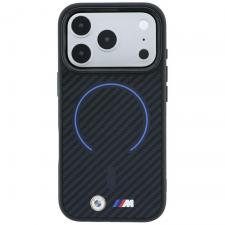 Husa BMW M Carbon Blue Print Ring Metal Logo cu MagSafe compatibila cu iPhone 18 Pro / 17 Pro, Negru