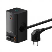 Statie incarcare Baseus PowerCombo, 65W, 2x AC, 2x USB-C, 1x USB-A, Cablu 1.5m, Negru