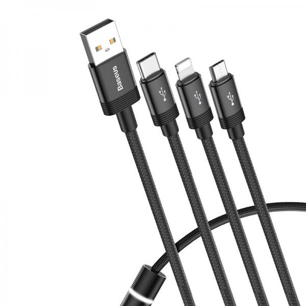 Cablu pentru incarcare si transfer de date Baseus Data Faction 3 in 1, USB Type-C/Lightning/Micro-USB, LED, 3.5A, 1.2m, Negru