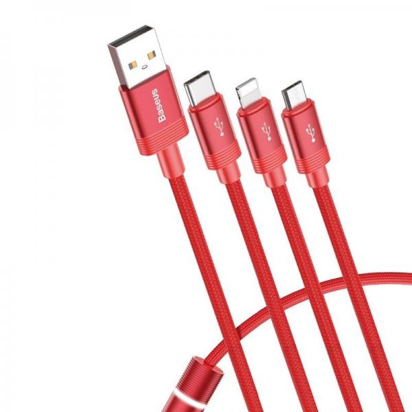 Cablu pentru incarcare si transfer de date Baseus Data Faction 3 in 1, USB Type-C/Lightning/Micro-USB, LED, 3.5A, 1.2m, Rosu