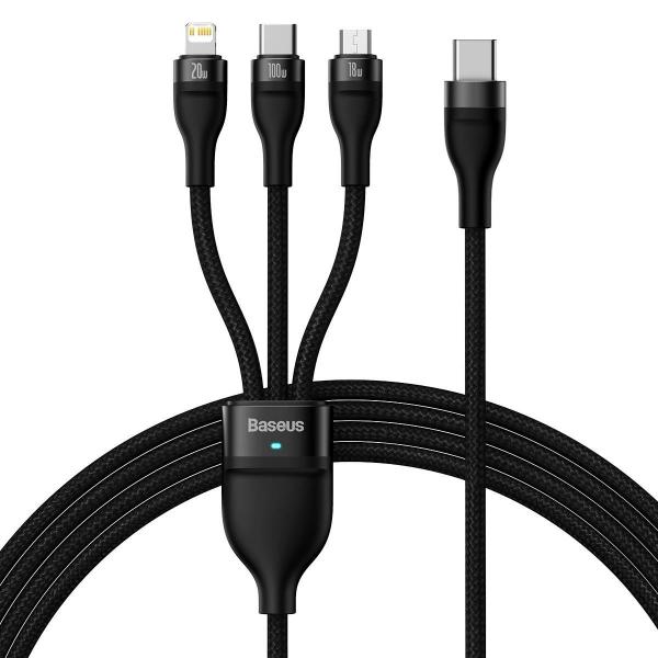 Cablu pentru incarcare si transfer de date Baseus Flash Series II 3 in 1, USB-C - USB Type-C/Lightning/Micro-USB, 100W, 1.5m, Negru 1 - lerato.ro