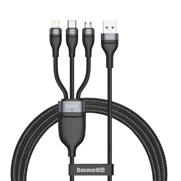 Cablu pentru incarcare si transfer de date Baseus Flash Series 3 in 1, USB Type-C/Lightning/Micro-USB, LED, 40W, 5A, 1.2m, Negru 1 - lerato.ro