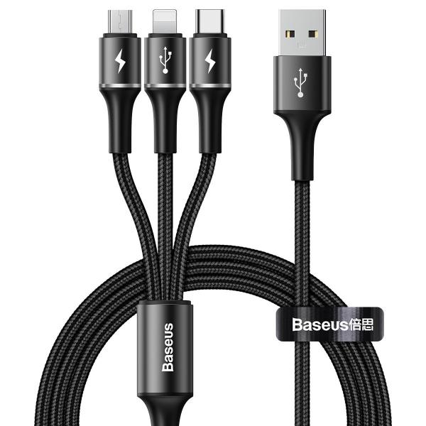 Cablu pentru incarcare si transfer de date Baseus Halo 3 in 1, Micro-USB/Lightning/USB Type-C, LED, 3.5A, 1.2m, Negru