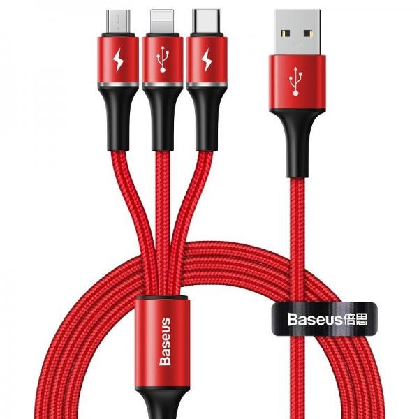 Cablu pentru incarcare si transfer de date Baseus Halo 3 in 1, Micro-USB/Lightning/USB Type-C, LED, 3.5A, 1.2m, Rosu 1 - lerato.ro