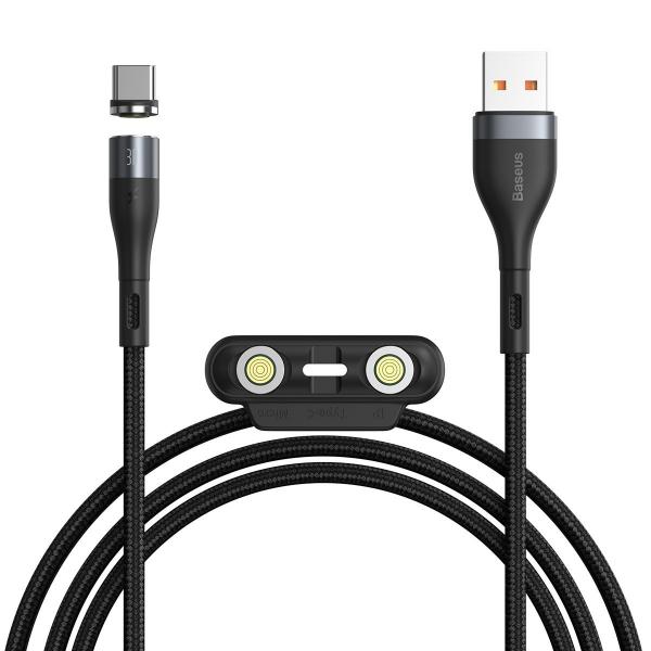 Cablu pentru incarcare si transfer de date Baseus 3 in 1 Magnetic Zinc, LED, USB Type-C/Micro-USB/Lightning, 5A, 1m, Negru 1 - lerato.ro