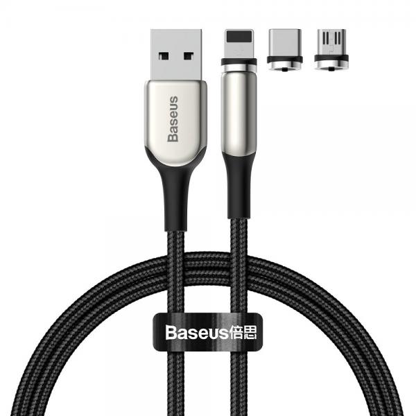 Cablu pentru incarcare si transfer de date Baseus Magnetic Zinc, USB Type-C/Micro-USB/Lightning, 2A, 1m, Negru