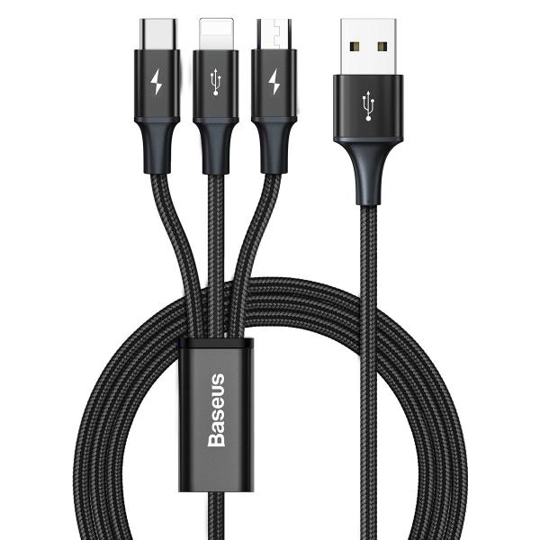 Cablu pentru incarcare si transfer de date Baseus Rapid 3 in 1, USB - USB Type-C/Lightning/Micro-USB, 3.5A, 1.2m, Negru 1 - lerato.ro