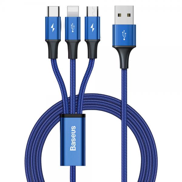 Cablu pentru incarcare si transfer de date Baseus Rapid 3 in 1, USB - USB Type-C/Lightning/Micro-USB, 3.5A, 1.2m, Albastru 1 - lerato.ro
