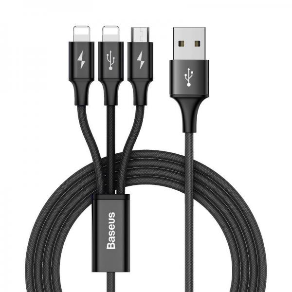 Cablu pentru incarcare si transfer de date Baseus Rapid 3 in 1, 2x Lightning/Micro-USB, 3A, 1.2m, Negru