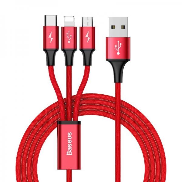 Cablu pentru incarcare si transfer de date Baseus Rapid 3 in 1, USB Type-C/Lightning/Micro-USB, 3A, 1.2m, Rosu 1 - lerato.ro