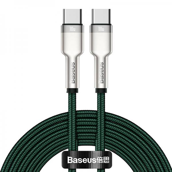 Cablu pentru incarcare si transfer de date Baseus Cafule Metal, 2xUSB Type-C, 100W, 5A, 1m, Verde 1 - lerato.ro