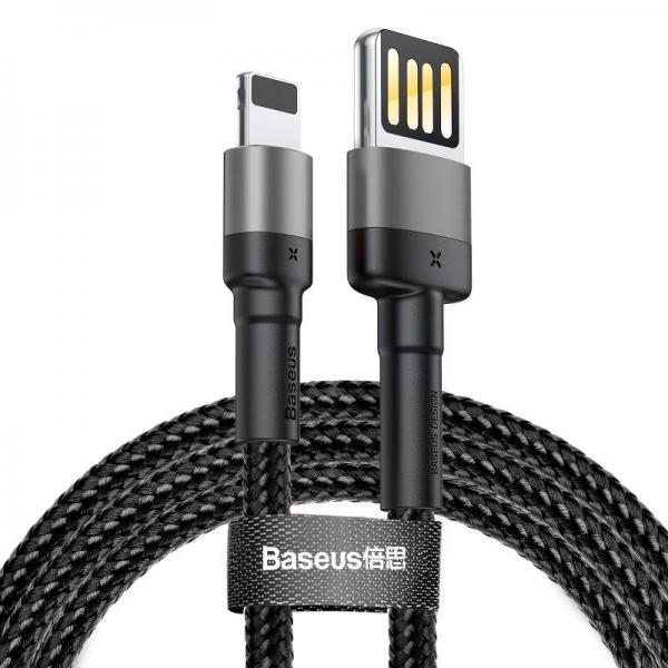 Cablu pentru incarcare si transfer de date Baseus Cafule Double-sided, USB/Lightning, 2.4A, 1m, Negru/Gri