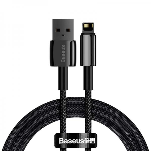 Cablu pentru incarcare si transfer de date Baseus Tungsten Gold, USB/Lightning, 2.4A, 1m, Negru