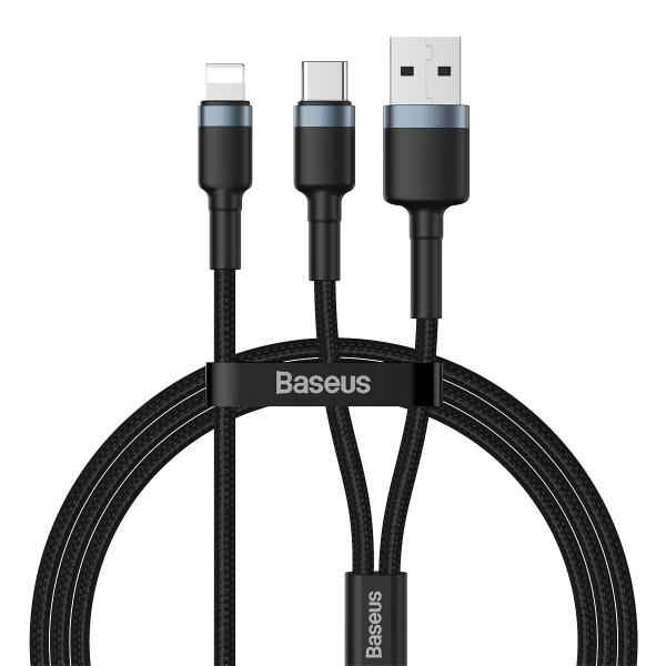 Cablu pentru incarcare si transfer de date Baseus Cafule, USB - USB Type-C/Lightning, Quick Charge 3.0, 18W, 2.4A, 1.2m, Negru/Gri
