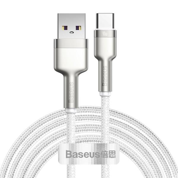 Cablu pentru incarcare si transfer de date Baseus Cafule Metal, USB/USB Type-C, Power Delivery 40W, 5A, 2m, Alb