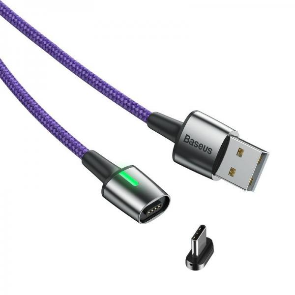 Cablu pentru incarcare si transfer de date Baseus Magnetic Zinc, LED, USB/USB Type-C, 2A, 2m, Mov