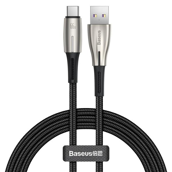 Cablu pentru incarcare si transfer de date Baseus Waterdrop, USB/USB Type-C, LED, Quick Charge, 66W, 6A, 1m, Negru