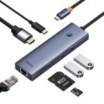 Adaptor HUB aluminiu 7-in-1 Baseus FLITE, USB-C - 2x USB 3.0, 1x USB-C PD, 1x HDMI 4K, 1x RJ45, 1x MicroSD, 1x SD, Gri