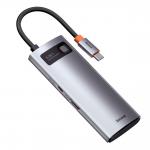 Adaptor HUB aluminiu 5-in-1 Baseus Metal Gleam, USB-C - 3x USB 3.0, 1x HDMI, 1x USB-C, 30Hz, Gri