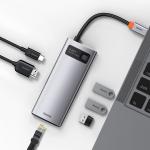 Adaptor HUB aluminiu 6-in-1 Baseus Metal Gleam, USB-C - 3x USB 3.0, 1x HDMI, 1x USB-C, 1x RJ45, Gri 9 - lerato.ro