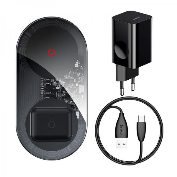 Incarcator Universal Wireless Baseus Simple 2 in 1, 20W, incarcator retea si cablu USB-C incluse, Negru/Transparent 1 - lerato.ro
