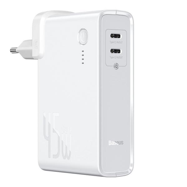 Incarcator retea cu functie de baterie externa Baseus GaN, 2x USB-C, 10000 mAh, Quick Charge 3.0, 45W, Cablu USB-C inclus, Alb 1 - lerato.ro