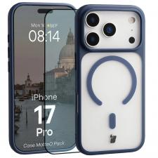Huse si carcase iPhone 17 Pro, Kit protectie 2 in 1 BizonMobile, Carcasa Bizon MatteO si Folie sticla securizata Bizon Glass Edge, compatibil cu iPhone 17 Pro, Albastru, lerato.ro