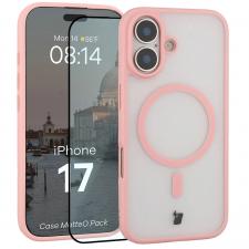 Kit protectie 2 in 1 BizonMobile, Carcasa Bizon MatteO si Folie sticla securizata Bizon Glass Edge, compatibil cu iPhone 17, Roz
