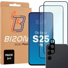 Set protectie 3in1 Bizon Glass Edge Pack, 2 folii sticla ecran + 1 folie sticla camera foto, compatibil cu Samsung Galaxy S25 FE, Negru