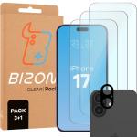 Set protectie 4in1 Bizon Glass Clear Pack, 3 folii sticla ecran + 1 folie sticla camera foto, compatibil cu iPhone 17, Transparent 2 - lerato.ro