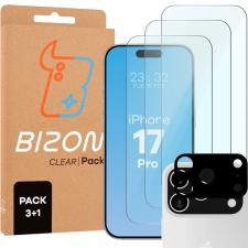 Folii iPhone 17 pro, Set protectie 4in1 Bizon Glass Edge Pack, 3 folii sticla ecran + 1 folie sticla camera foto, compatibil cu iPhone 17 Pro, Transparent, lerato.ro