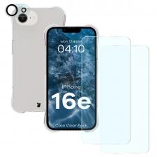 Folii iPhone 16e, Kit protectie 4 in 1 BizonMobile Clear Pack, 1x carcasa, 2x folie display, 1x folie camera, compatibil cu iPhone 17e / 16e, Transparent, lerato.ro