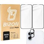 Set protectie 3in1 Bizon Glass Edge Pack, 2 folii sticla ecran + 1 folie sticla camera foto, compatibil cu iPhone 16, Transparent 2 - lerato.ro