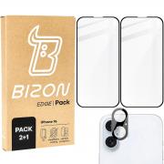 Set protectie 3in1 Bizon Glass Edge Pack, 2 folii sticla ecran + 1 folie sticla camera foto, compatibil cu iPhone 16, Transparent