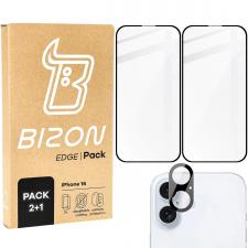 Set protectie 3in1 Bizon Glass Edge Pack, 2 folii sticla ecran + 1 folie sticla camera foto, compatibil cu iPhone 16, Transparent