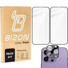 Set protectie 3in1 Bizon Glass Edge Pack, 2 folii sticla ecran + 1 folie sticla camera foto, compatibil cu iPhone 16 Pro, Transparent