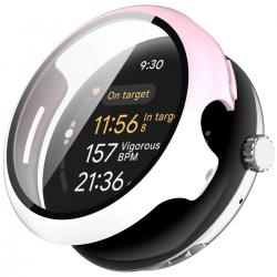 Carcasa cu protectie ecran din sticla securizata BizonMobile compatibila cu Google Pixel Watch 3 41mm, Roz / Alb
