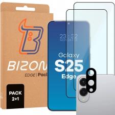 Set protectie 3in1 Bizon Glass Edge Pack, 2 folii sticla ecran + 1 folie sticla camera foto, compatibil cu Samsung Galaxy S25 Edge, Negru