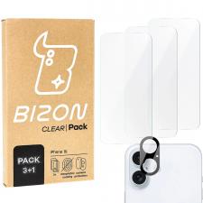 Set protectie 4in1 Bizon Clear 2 Pack, 3 folii sticla ecran + 1 folie sticla camera foto, compatibil cu iPhone 16, Transparent