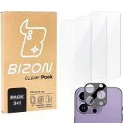 Set protectie 4in1 Bizon Clear 2 Pack, 3 folii sticla ecran + 1 folie sticla camera foto, compatibil cu iPhone 16 Pro, Transparent