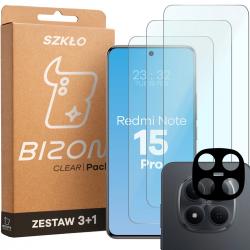 Set protectie 4in1 Bizon Glass Clear Pack, 3 folii sticla ecran + 1 folie sticla camera foto, compatibil cu Xiaomi Redmi Note 15 Pro 5G, Transparent