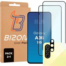 Set protectie 3in1 Bizon Glass Edge Pack, 2 folii sticla ecran + 1 folie sticla camera foto, compatibil cu Samsung Galaxy A36 5G, Negru