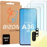 Set protectie 4in1 Bizon Glass Clear Pack, 3 folii sticla ecran + 1 folie sticla camera foto, compatibil cu Samsung Galaxy A36 5G, Transparent